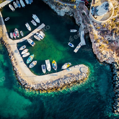 Preview: Small motorboats moored at dock, Paros island, Greece, view from above