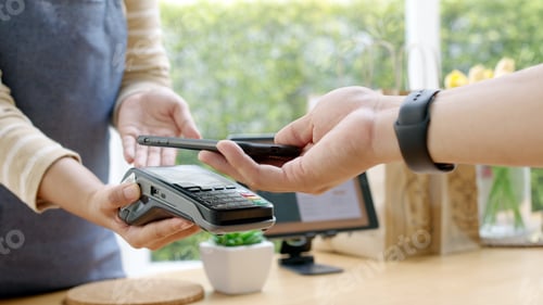 Preview: Close-up hand asia woman people work in small sme coffee cafe shop store owner use cashless