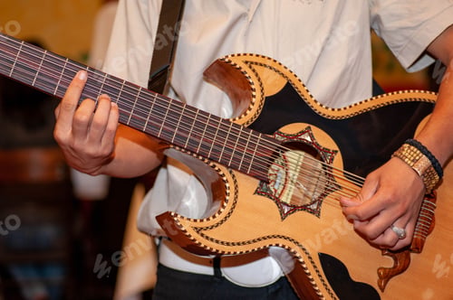 Preview: Closeup shot of the hands of a person playing bajo sexto
