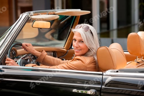 Preview: Portrait of mature woman sitting in a convertible car