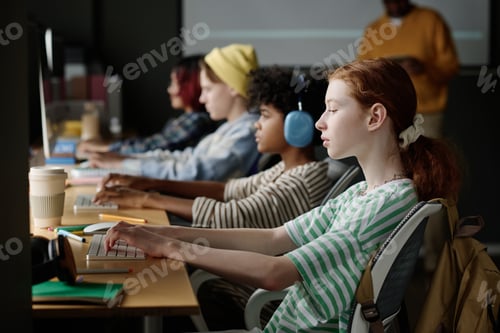 Preview: Caucasian Girl Typing On Computer During Coding Class