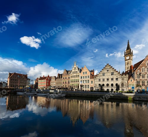 Preview: Ghent canal and Graslei street. Ghent, Belgium