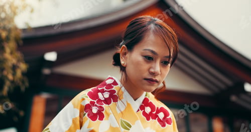Preview: Bow, culture and woman at temple with kimono, fashion and waiting at outdoor building with respect.