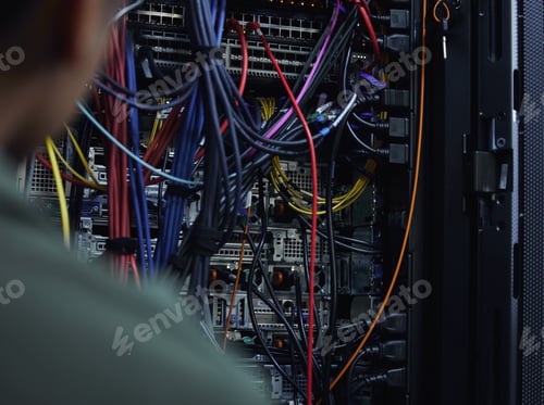 Preview: Cropped shot of an unrecognizable male IT support agent working in a dark network server room