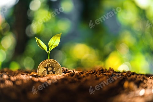 Preview: Bitcoin growth, Bitcoin coins on the ground and leaves grow.
