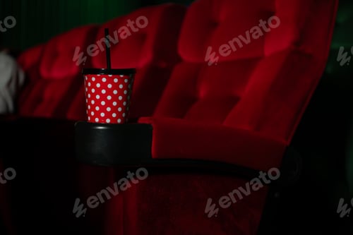 Preview: Cinema concept. People watching movie at cinema drink water and eating popcorn