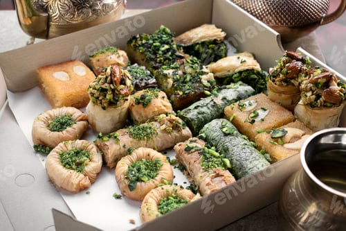 Preview: Fresh homemade Baklava middle eastern sweet dessert food pastry cakes