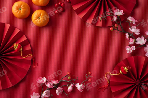 Preview: Festive Chinese New Year scene featuring red fans, oranges, and blossoms on a textured background