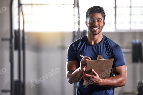 Preview: Gym, workout and personal trainer with clipboard consulting a training sports client in gym. Portra