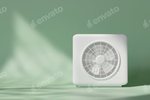 Preview: This 3D render features sleek, minimalist air source heat pump against a soft green backdrop