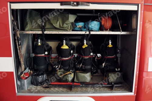 Preview: Oxygen balloons. Close up view of firefighter's equipment that is inside of the truck