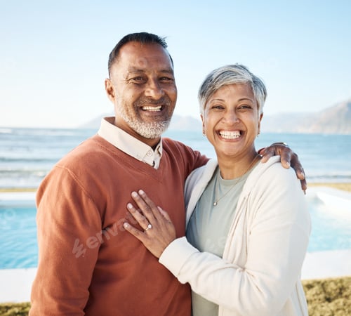 Preview: Senior couple, hug and portrait at the beach, love and care with bonding, travel and trust in a mar