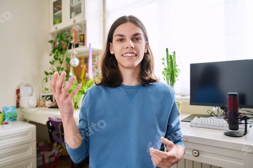 Preview: Teenage male student talking looking at web camera