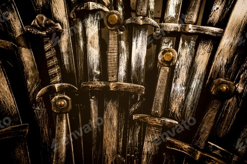 Preview: Metal knight swords background. Close up. The concept Knights.