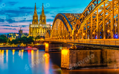 Preview: Cologne Koln Germany during sunset, Cologne bridge with cathedral