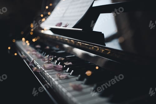Preview: Piano keys with rose petals in dark closeup