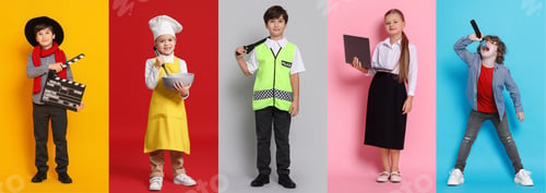 Preview: Future profession. Cute children copying people from different occupations on bright backgrounds