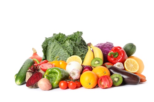 Preview: Pile of fresh vegetables and fruits isolated on white background