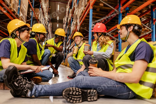 Preview: Warehouse workers relaxing on coffee break in distribution center