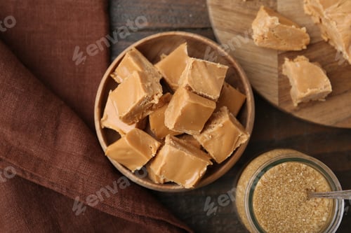 Preview: Homemade caramel candies and brown sugar on wooden table, flat lay