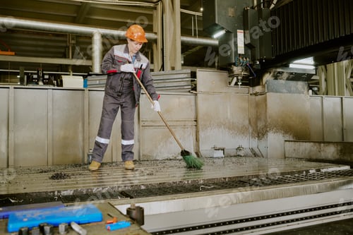Preview: Middle Aged Caucasian Woman Cleaning Industrial Workshop Floor with Broom