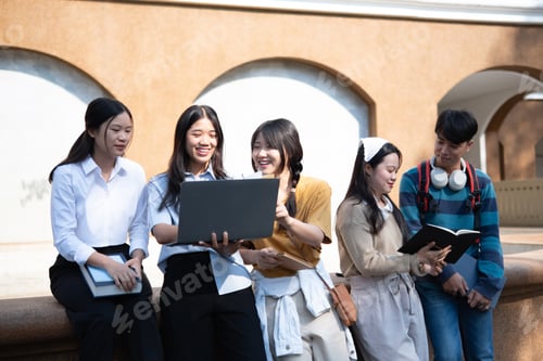 Preview: Group of students studying on campus outdoors