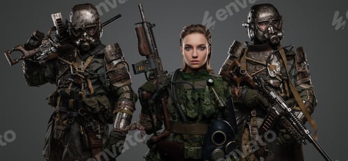 Preview: Woman with two comrades in post apocalyptic style