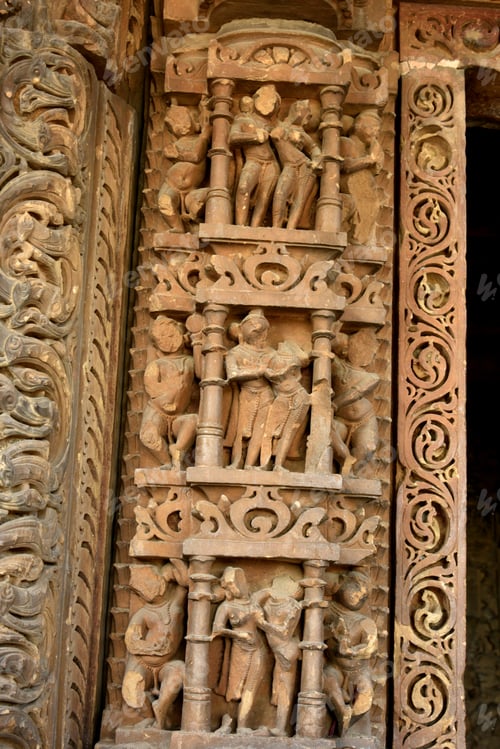 Preview: Stone carving sculptures on Khajuraho Temple, a UNESCO world Heritage site, India.