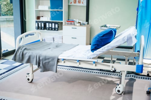 Preview: An empty hospital bed in a patient room,prepared fresh linens,side rails,medical equipment nearby