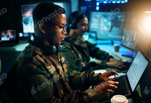 Preview: Military control room, computer and soldier at desk, typing code and tech for communication army of