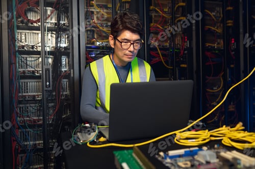 Preview: Asian male engineer using a laptop in computer server room