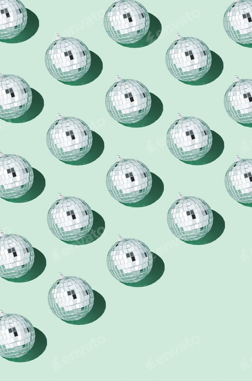 Preview: Shiny silver disco balls. Creative Christmas pattern. 90s retro party time concept