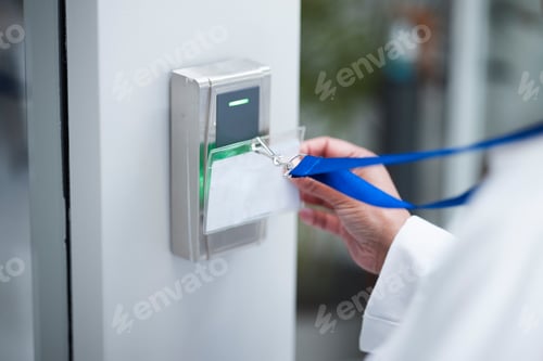 Preview: Hand, key card and scan for security door, entrance or access control for safety in business, facil