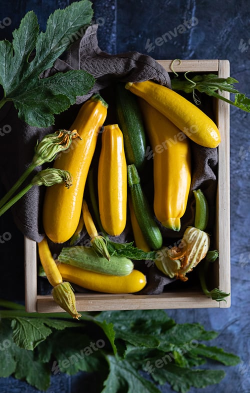 Preview: Zucchini. Fresh raw organic zucchini ready for cooking, top view with copy space