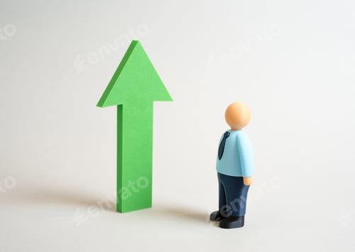 Preview: An office worker looks at a growth arrow. Achievements and high income growth