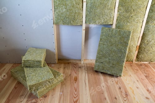 Preview: Wooden frame for future walls with drywall plates insulated with rock wool