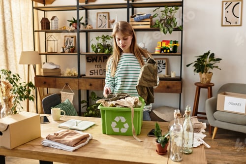 Preview: Pretty young woman engaged in sorting and recycling clothes for a sustainable future