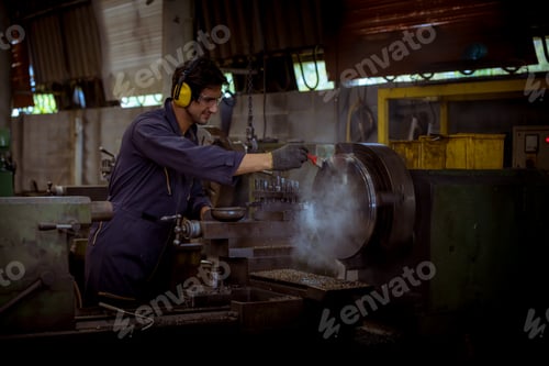 Preview: The Industry worker wearing safety uniform used lubricant oil control operating lathe grinding machi