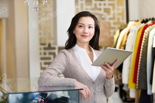 Preview: Clothing store owner with digital tablet