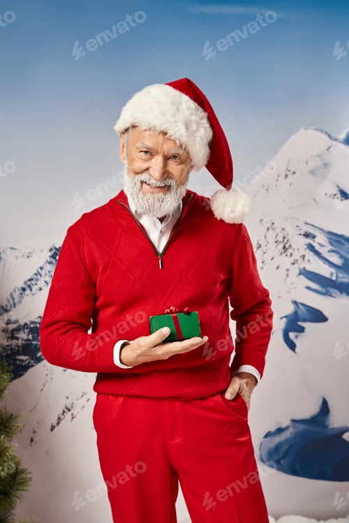 Preview: cheerful Santa holding present with one hand in pocket with snowy backdrop, winter concept