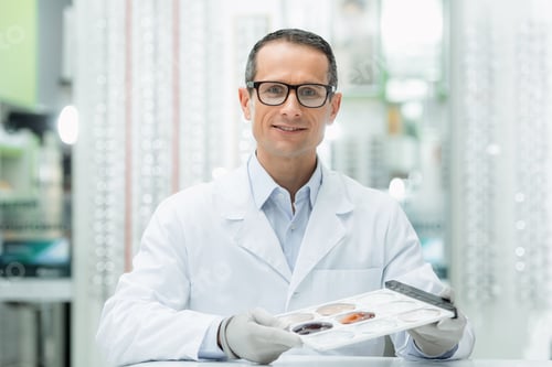 Preview: portrait of oculist in eyeglasses with lens in hand looking at camera in optics