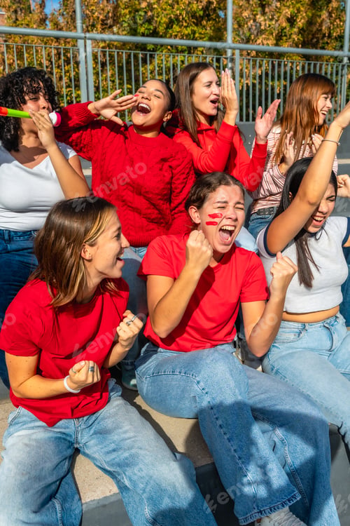 Preview: Excited female friends cheering at a sports stadium