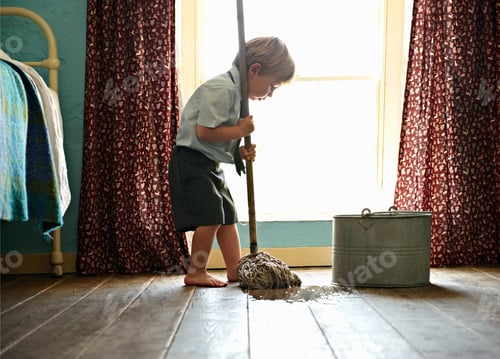 Preview: Toddler in school uniform cleaning floor