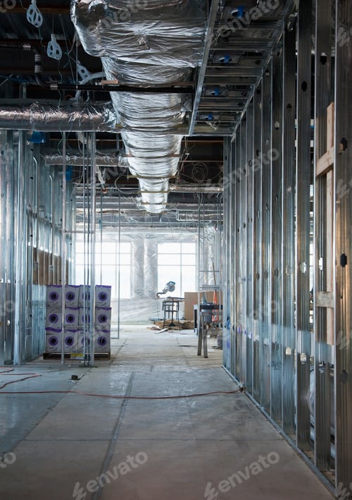 Preview: Interior of construction site with exposed ducts and metal joists.
