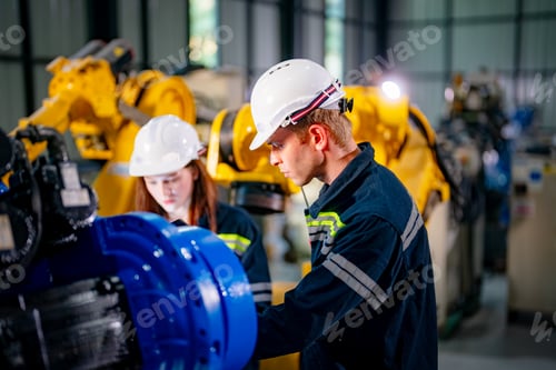 Preview: Indusrtial Robot, Engineers inspecting and check up welding robots at factory.
