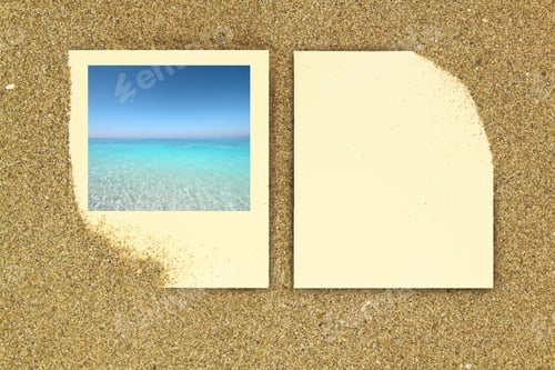 Preview: Photo frame and paper card on the sand