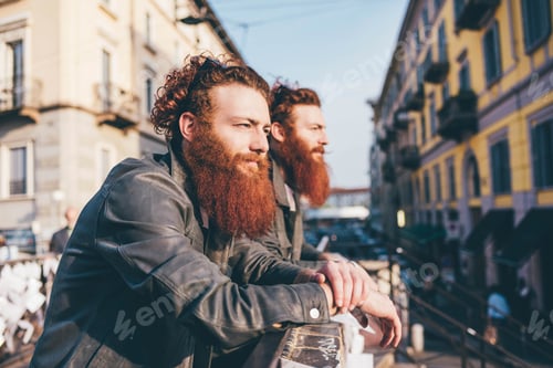 Preview: Young male hipster twins with red hair and beards looking out from city footbridge