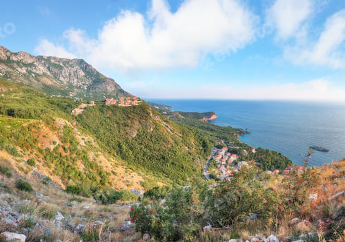 Preview: Captivating sunset view of Adriatic coast from church st. Sava viewpoint near Budwa