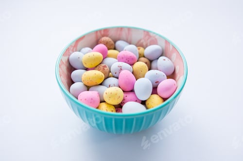 Preview: Overhead of colorful chocolate Easter eggs