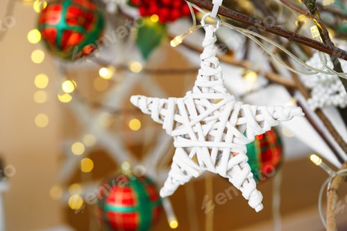 Preview: Decorative Ornament For Christmas Tree Star Shape With Branches And Berries On Lights Background
